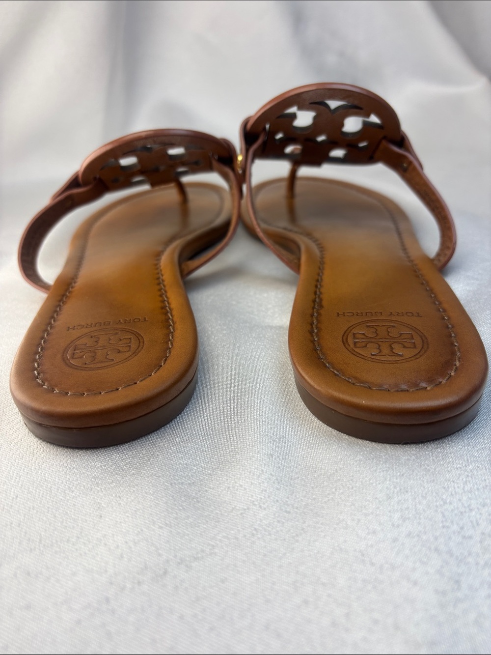 Tory Burch Miller Leather Logo Thong Sandals in Cognac Brown with Gold Accents - Picture 4 of 10
